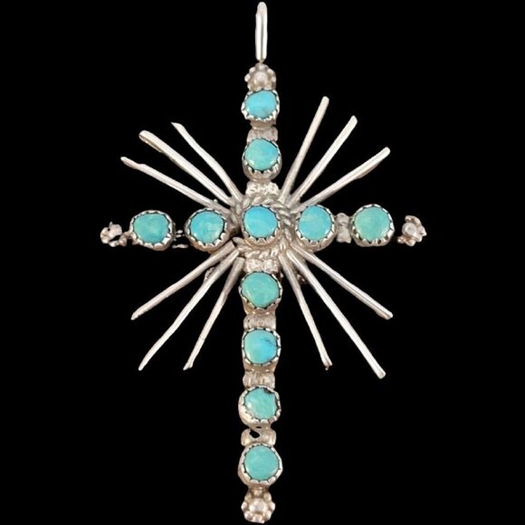 Vintage Sterling Zuni Green Turquoise Light Rays Cross - Picture 1 of 7